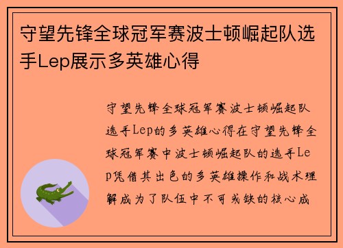 守望先锋全球冠军赛波士顿崛起队选手Lep展示多英雄心得